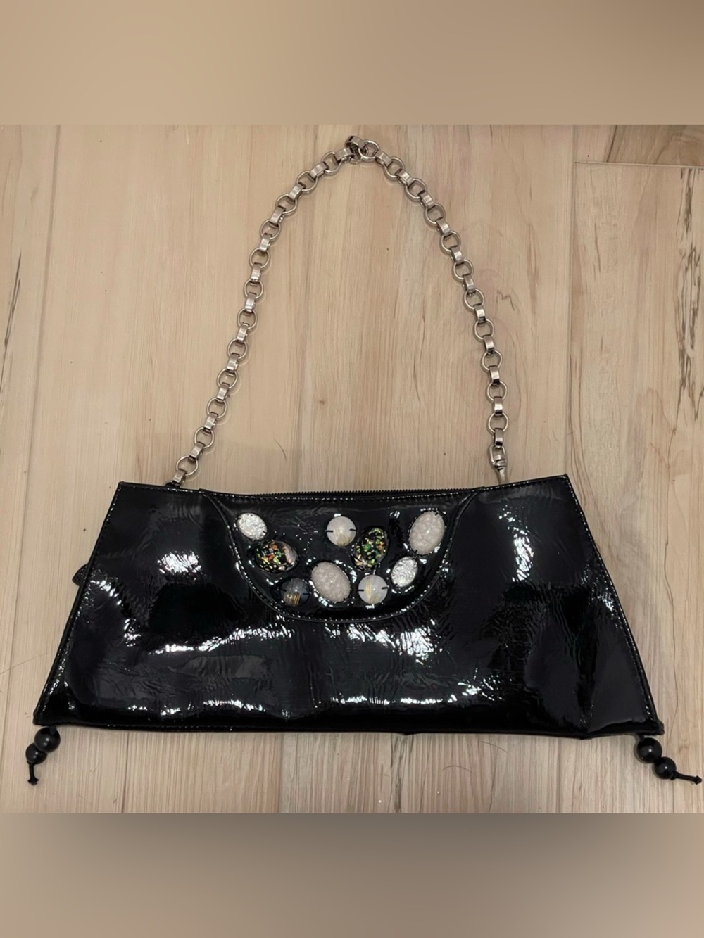 Simon Chang Black Patent Shoulder Bag with Chain Strap
